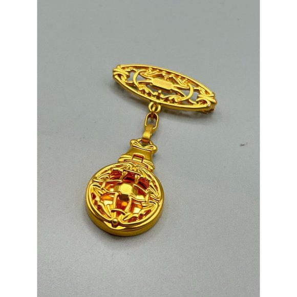 Signed Liz Claiborne Vintage Pin Brooch with Locket Perfume Holder Gold Tone - Picture 2 of 7